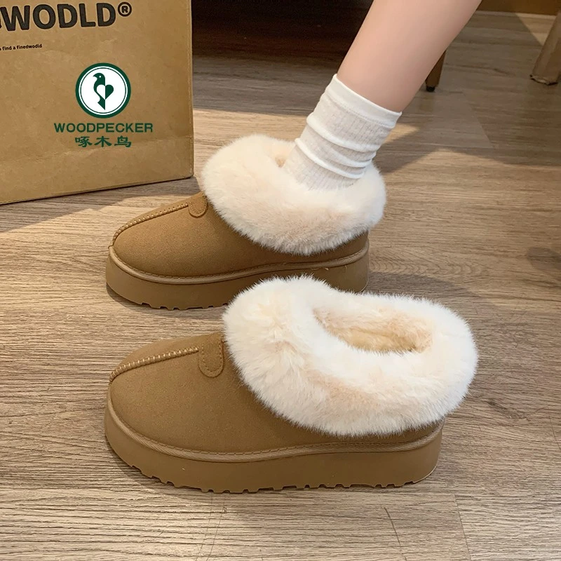 啄木鸟厚底雪地靴女2024冬季新款加绒加厚东北大棉鞋一脚蹬面包鞋
