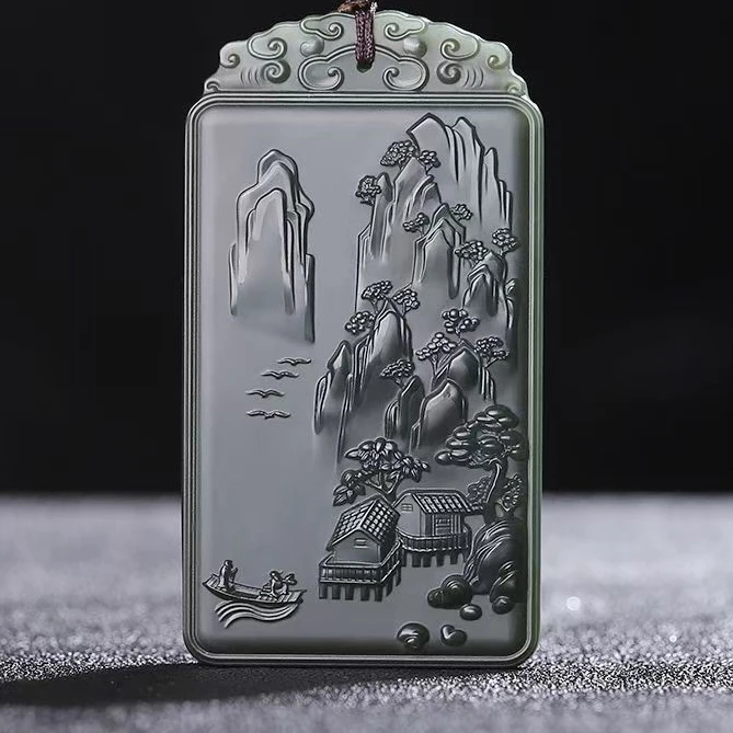 天然和田玉细料青玉山水牌吊坠玉坠玉石双面精美精雕牌子挂件男士