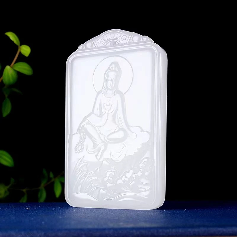 天然新疆金丝玉山水自在观音牌男士双面精雕观世音菩萨玉石吊坠