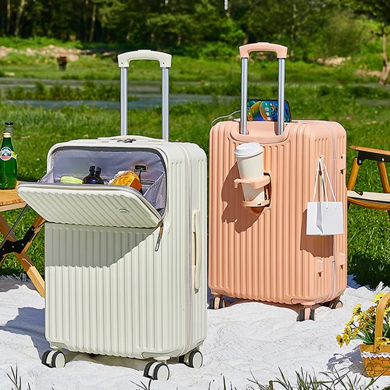 新款网红女学生带杯架多功能前置开口24登机行李箱子韩版轻便充电