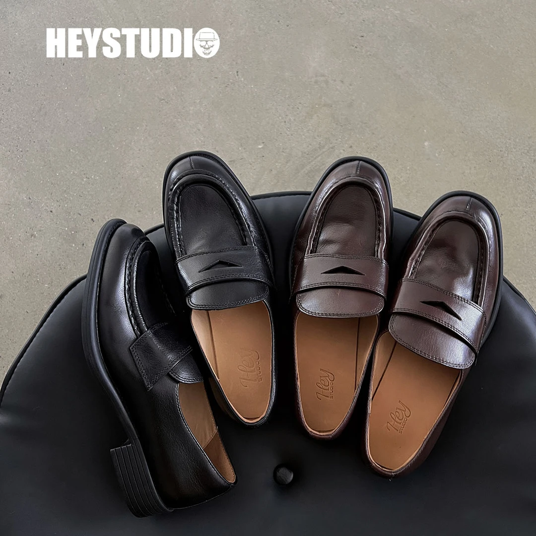 HEYSTUDIO 匠意式~手工小皮鞋2025新款复古乐福鞋粗跟单鞋女厚底