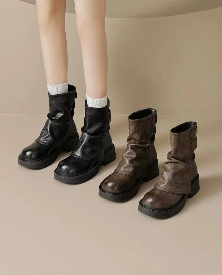 黑色美拉德短靴女新款秋冬今年流行厚底堆堆马丁靴  9205-10