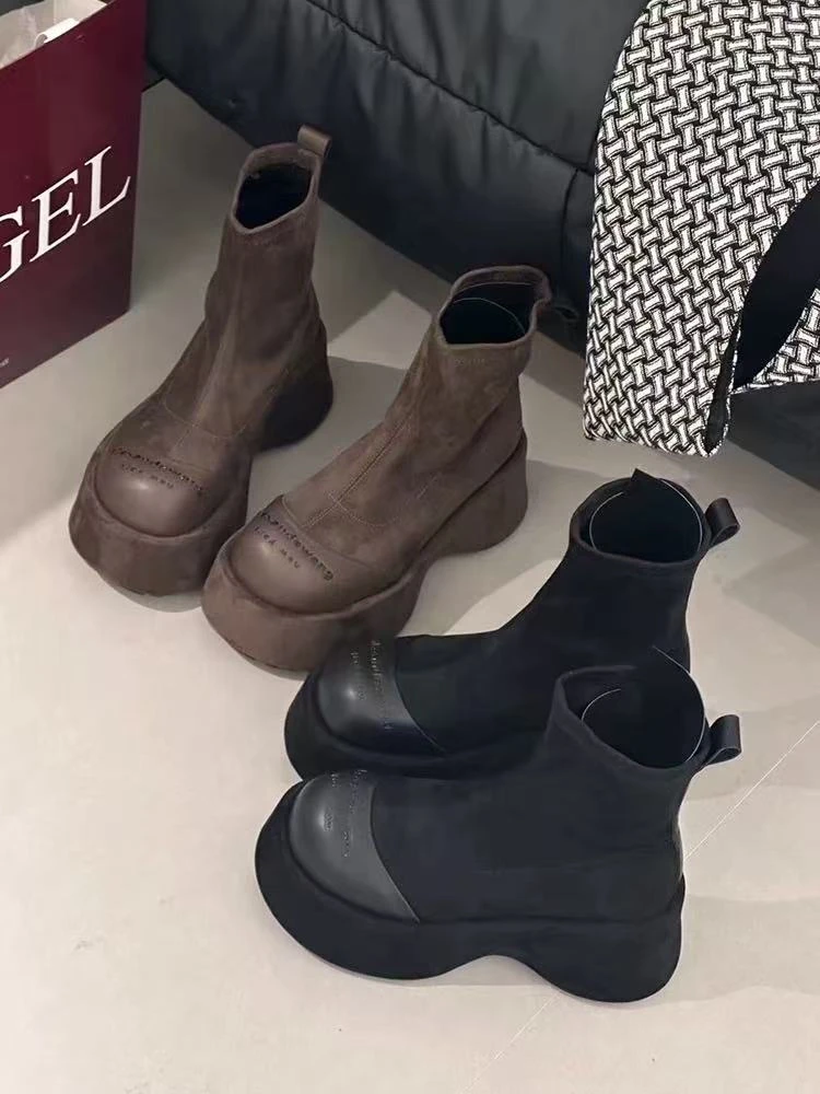 短筒瘦瘦靴秋冬新款厚底弹力短靴单靴粗跟小个子马丁靴女 08868-2