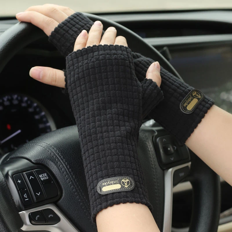 纯色保暖半指手套女款秋冬防寒男士露指学生写字骑行防滑半截漏指