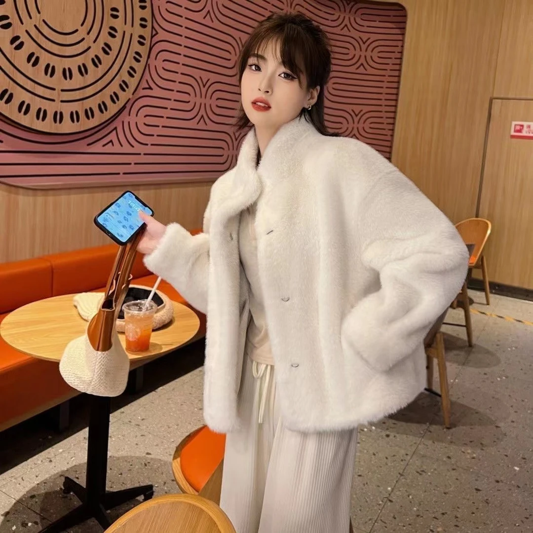 皮毛一体立领毛毛休闲宽松女士秋冬厚休闲韩版百搭貂绒上衣女休闲