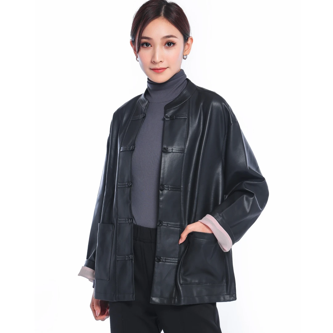 大表姐同款国风立领进口PU外套女