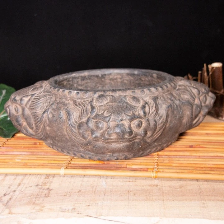 中国风花盆摆件仿老石器雕刻装饰品造景花盆禅意仿青石四兽头烟缸