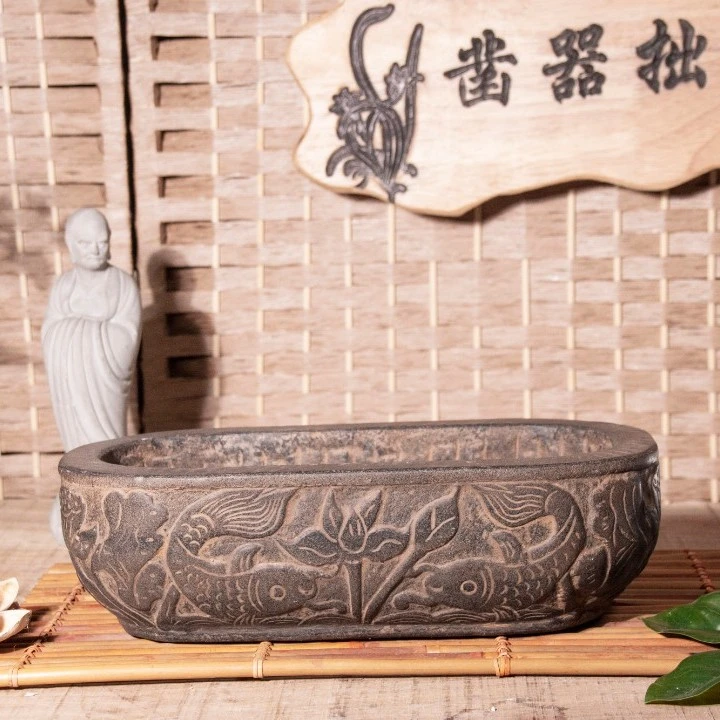 中国风禅意仿青石盆景专用盆花盆造景装饰品仿青石双鱼花盆