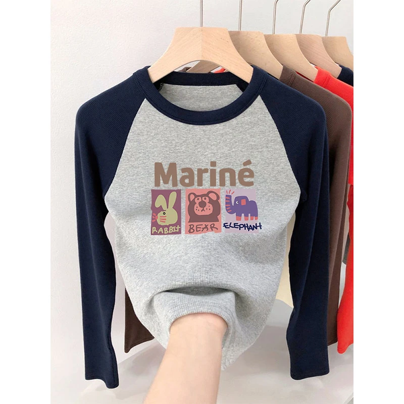 美式正肩拼色圆领长袖t恤女时尚百搭洋气修身内搭打底衫春秋冬季