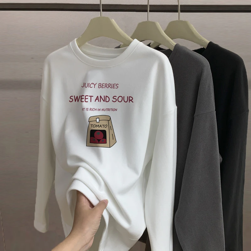 2025新款德绒长袖t恤女配鲨鱼裤中长宽松上衣加厚内搭冬季打底衫