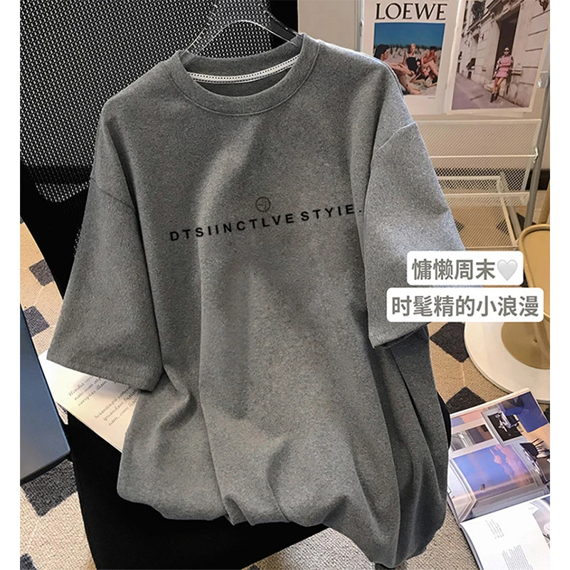 网红磨毛短袖t恤女中长款宽松休闲胖mm大码上衣加厚打底衫春秋季