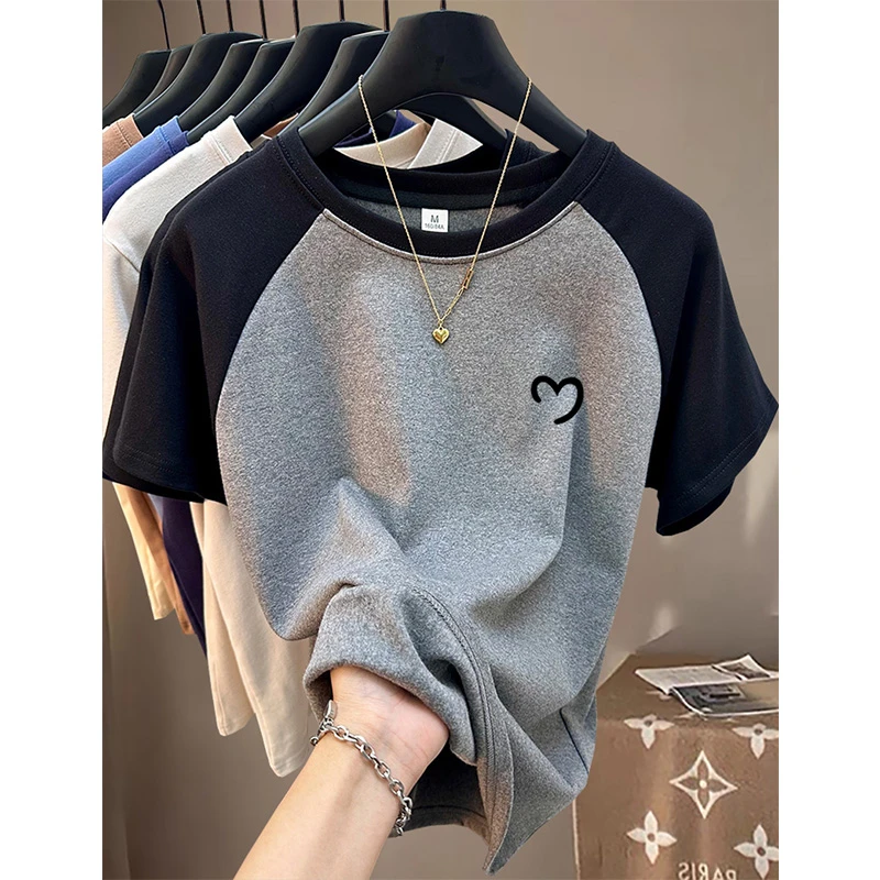 2024新款正肩拼色磨毛短袖t恤女时尚百搭上衣加厚款打底衫春秋季