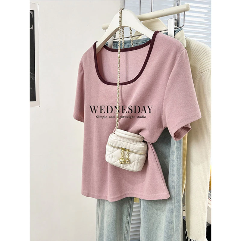 2024新款独特别致设计感小众短袖正肩t恤女法式方领夏季上衣ins潮