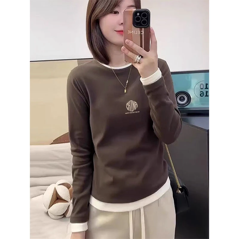 小众设计感假两件德绒圆领长袖t恤女加厚款保暖春秋上衣内搭打底