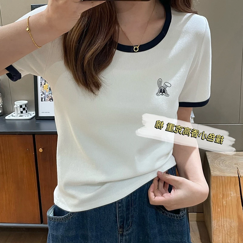 2025新款正肩撞色短袖T恤女打底衫时尚百搭显瘦洋气修身U领上衣潮