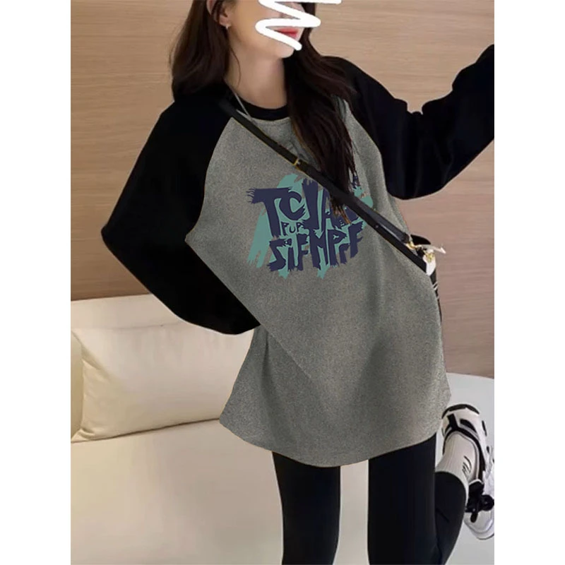 2024秋冬季加厚撞色磨毛遮屁股长袖t恤女中长款搭配鲨鱼裤上衣潮