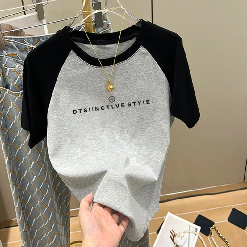 正肩短袖t恤女2025新款爆款撞色打底衫女士高档插肩上衣夏季女装