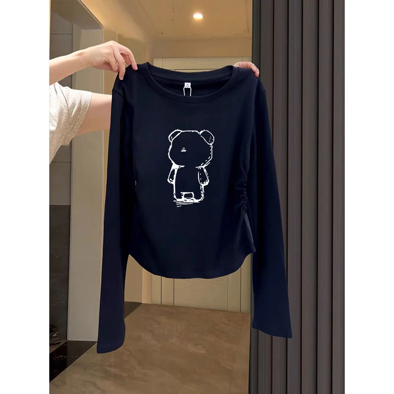 2024新款收腰正肩圆领印花长袖t恤女修身显瘦内搭打底衫早秋冬季