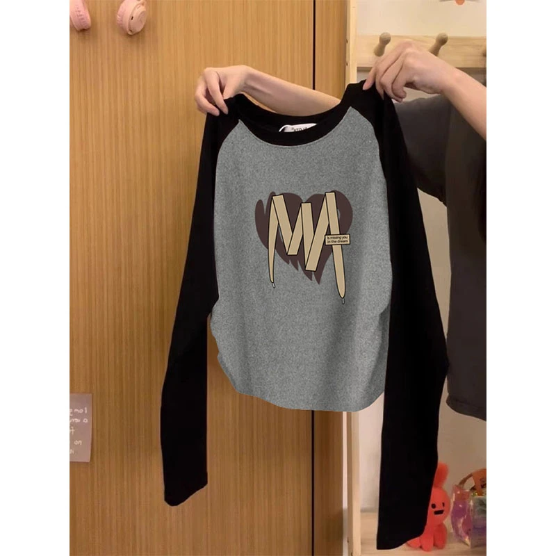 设计感小众正肩拼色长袖t恤女早秋2024新款收腰修身上衣打底衫潮