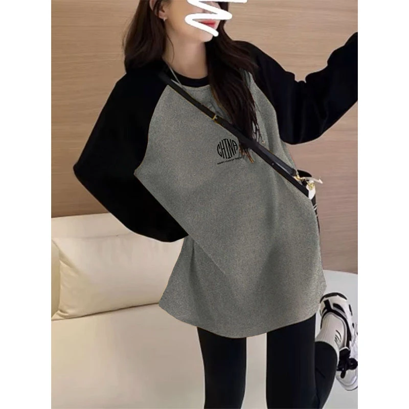 2024新款撞色磨毛长袖t恤女中长款遮屁股宽松显瘦加厚打底衫上衣