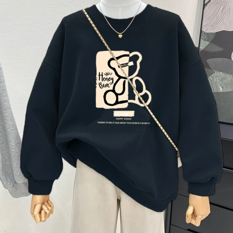 新款无帽圆领卫衣女宽松休闲百搭洋气保暖加绒加厚黑色上衣秋冬季