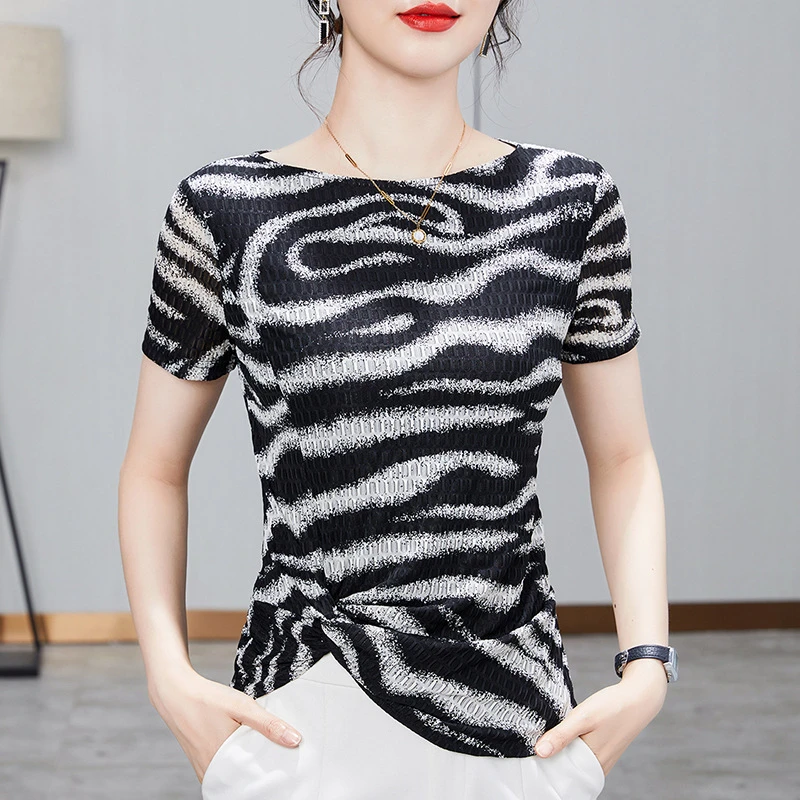 网纱短袖t恤女夏季新款斑马纹印花洋气小衫下摆褶皱别致百搭上衣