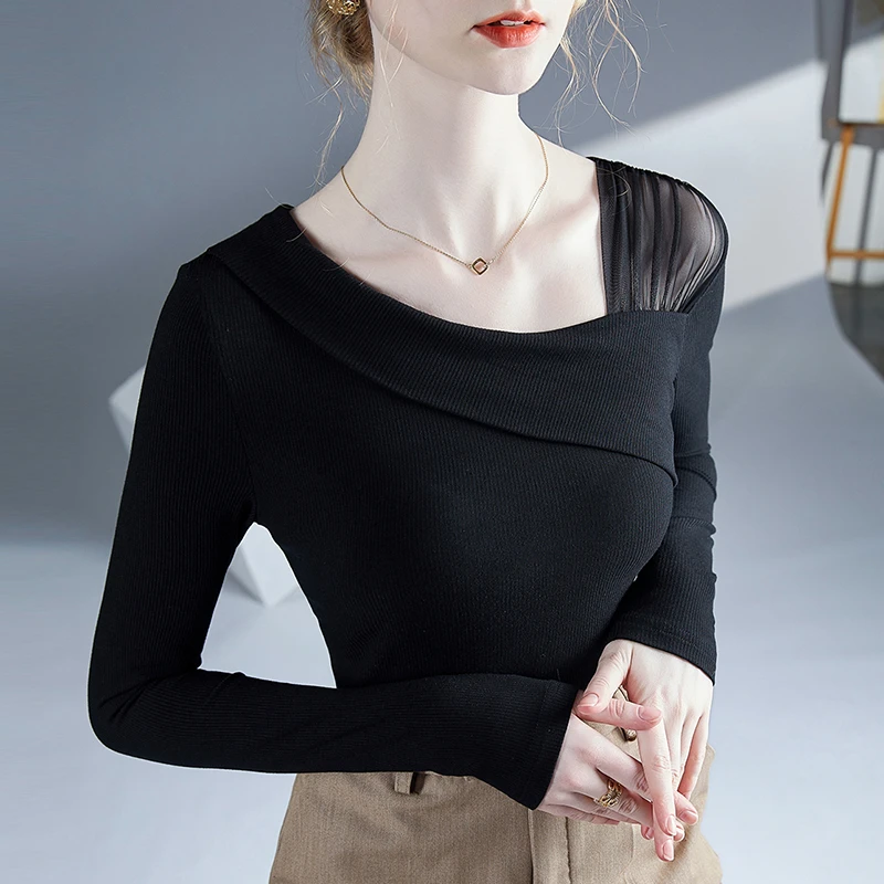 设计感性感斜领上衣春秋新款黑色修身打底衫女内搭长袖欧货小衫