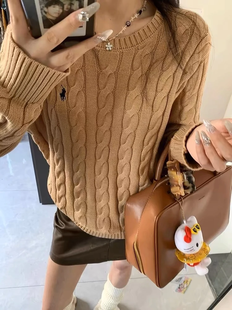 女士秋冬宽松麻花针织衫复古简约纯色毛衣网红时尚百搭镂空羊绒