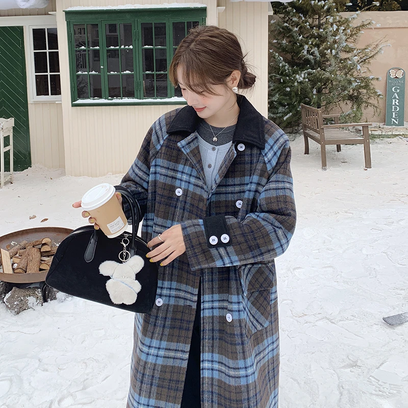 现货设计感格纹毛呢外套女宽松夹棉呢子大衣