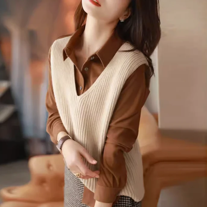 时尚百搭女秋冬简约V领马甲显瘦修身无袖针织背心舒适保暖仿羊毛