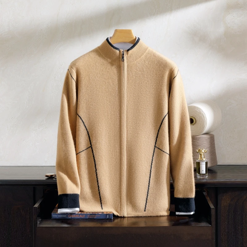 2024秋冬新款100%羊绒男士七针加厚提花半高领羊绒开衫针织短款