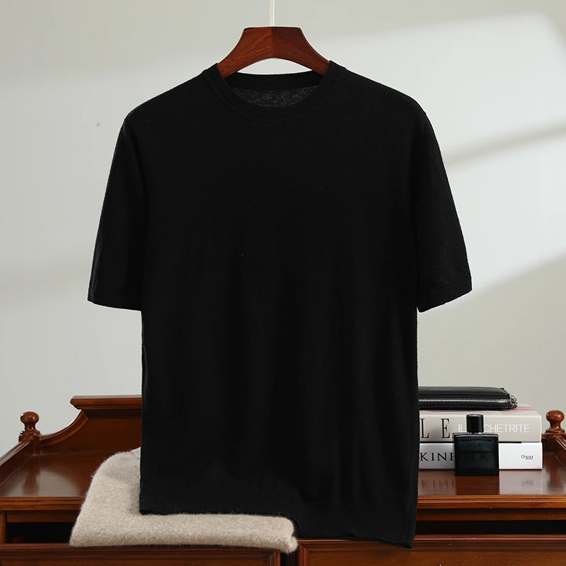 羊绒简约休闲百搭商务16针精仿圆领短袖T恤