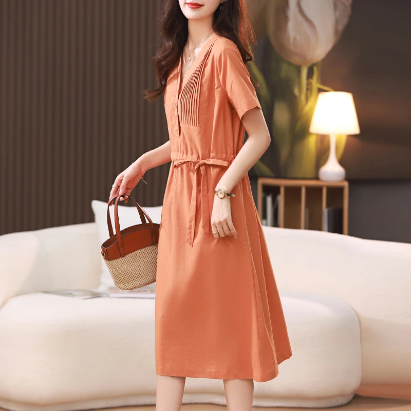 2024夏季新款棉麻女韩版休闲宽松显瘦a字裙高级感减龄棉麻连衣裙