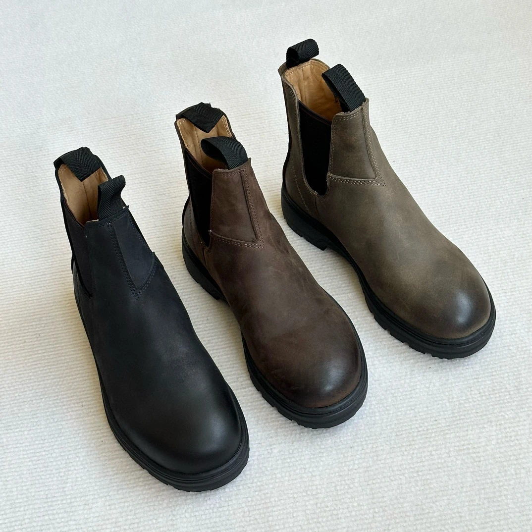 孔孝真同款牛皮切尔西短靴35-40码三色入复古擦色做旧女靴