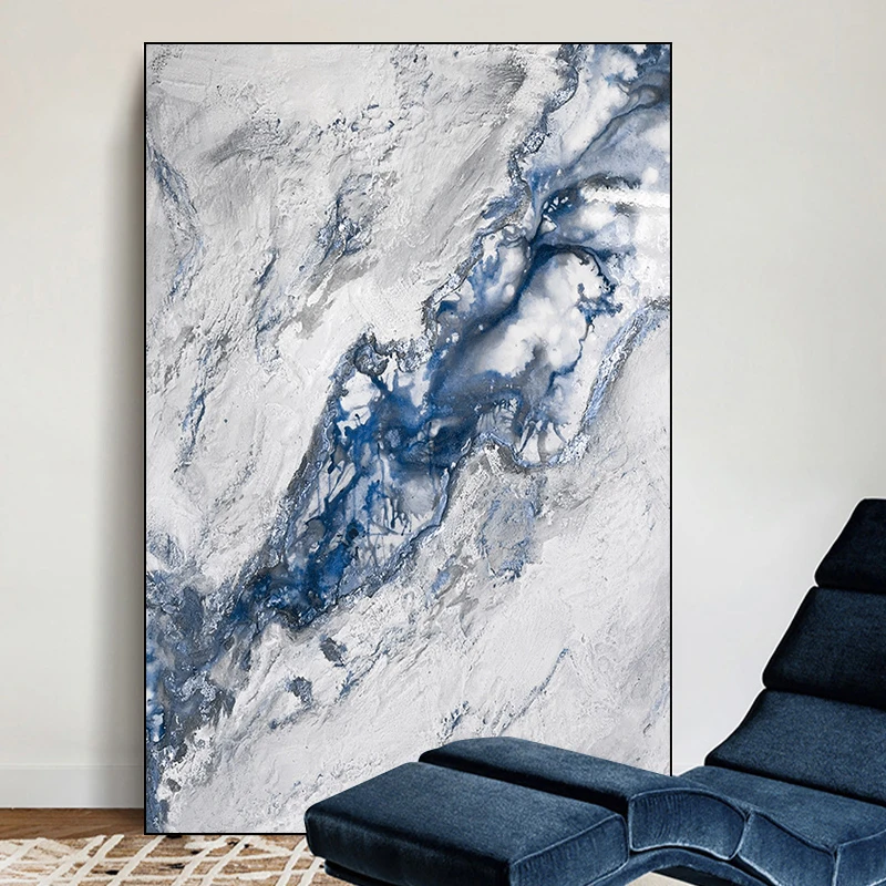 忒派极简大气淡雅蓝色流体画《浮生》现代艺术客厅落地画纯手绘油画