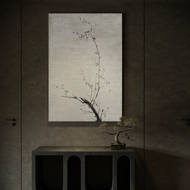 忒派新中式梅花手绘油画《疏影》侘寂客厅民宿茶室装饰画原木卧室画