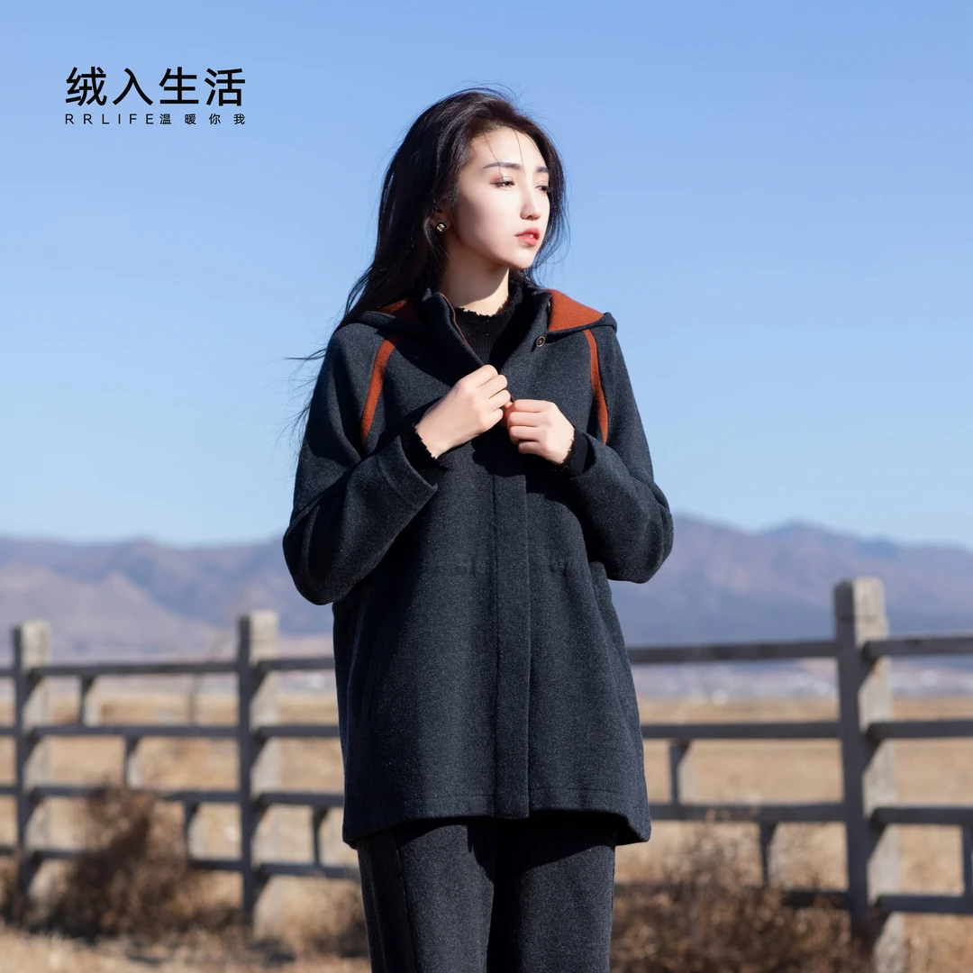 RRLIFE/绒入生活【绒然】纯山羊绒双面两面穿抽绳带帽短款带兜大衣