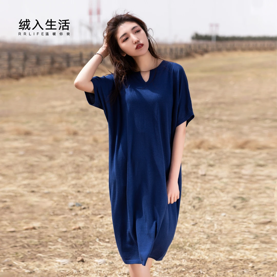 RRLIFE/绒入生活【绒影】精纺丝羊绒小V夏季宽松显瘦气质系带连衣裙