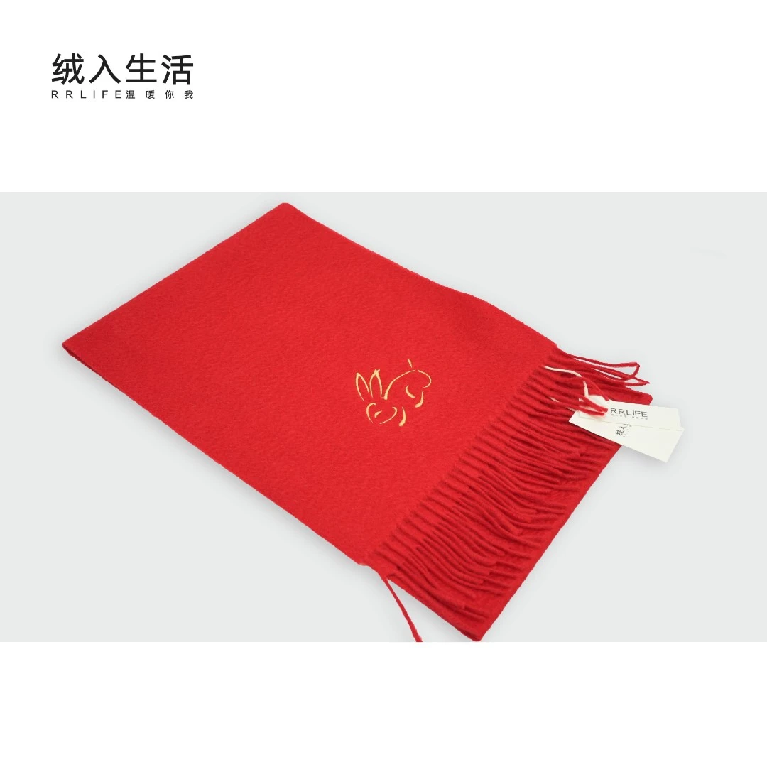 RRLIFE/绒入生活【绒美】 纯山羊绒中国红冬季保暖刺绣围巾秋冬