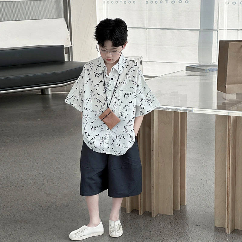 男童夏装衬衫套装2024新款夏季中大童短袖男孩洋气儿童帅气两件套
