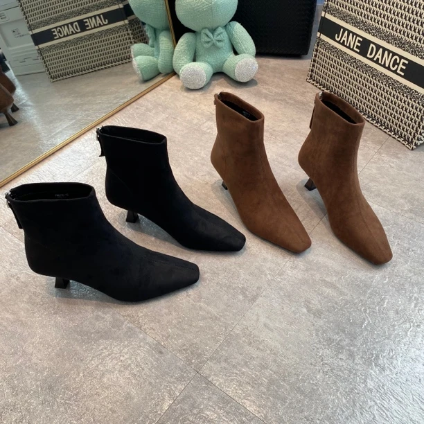 603-2百搭细跟短靴尖头秋冬ol瘦瘦靴气质弹力靴裸靴时尚网红黑色