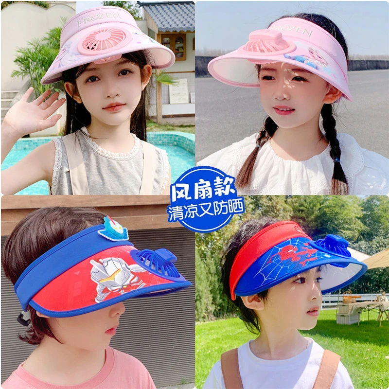 冰雪奇缘蜘蛛侠儿童帽子男女款防晒帽带风扇帽宝宝夏季遮阳帽户外
