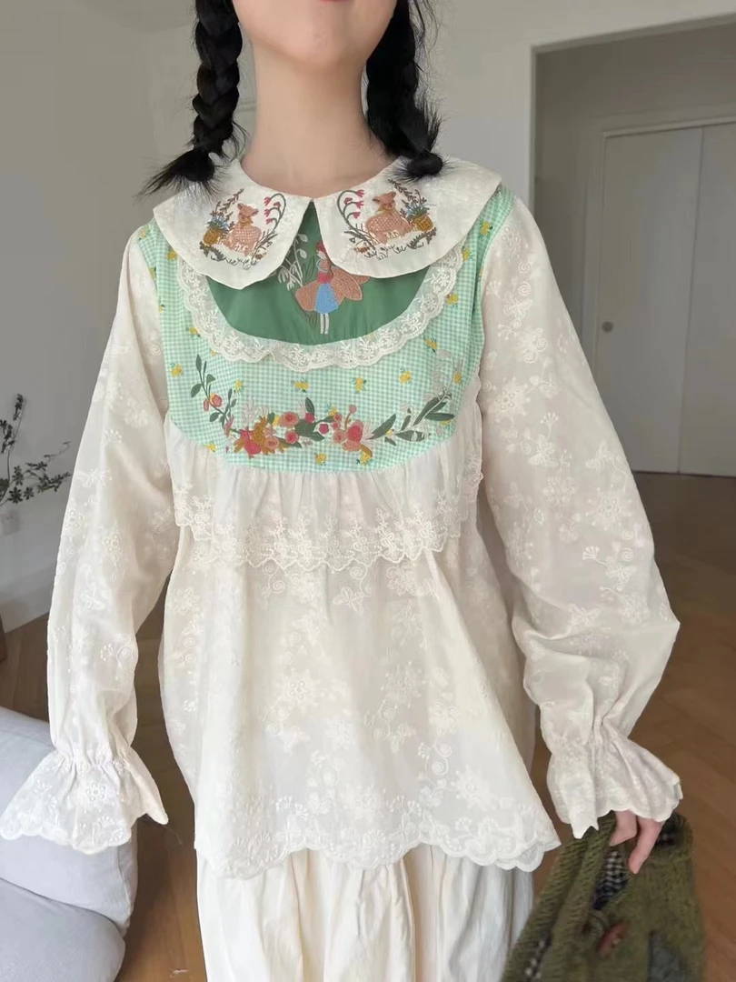 森系可爱清新夏日绿色格子刺绣撞色娃娃领长袖衬衫宽松娃娃衫刺绣