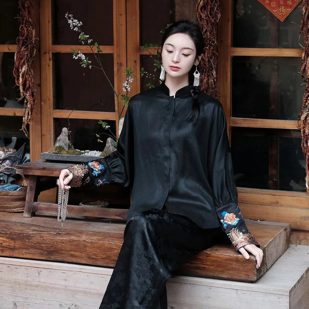 盛唐婧新中式绣花衬衫女士网红气质复古中国风新款时尚洋气百搭女