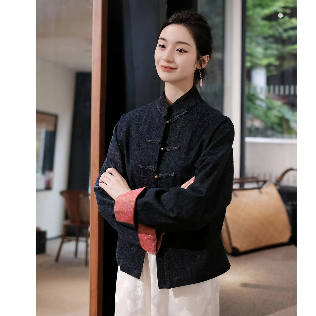 盛唐牡丹牛仔配重缎宋锦对襟外套新款时尚洋气百搭女装小众炸街高