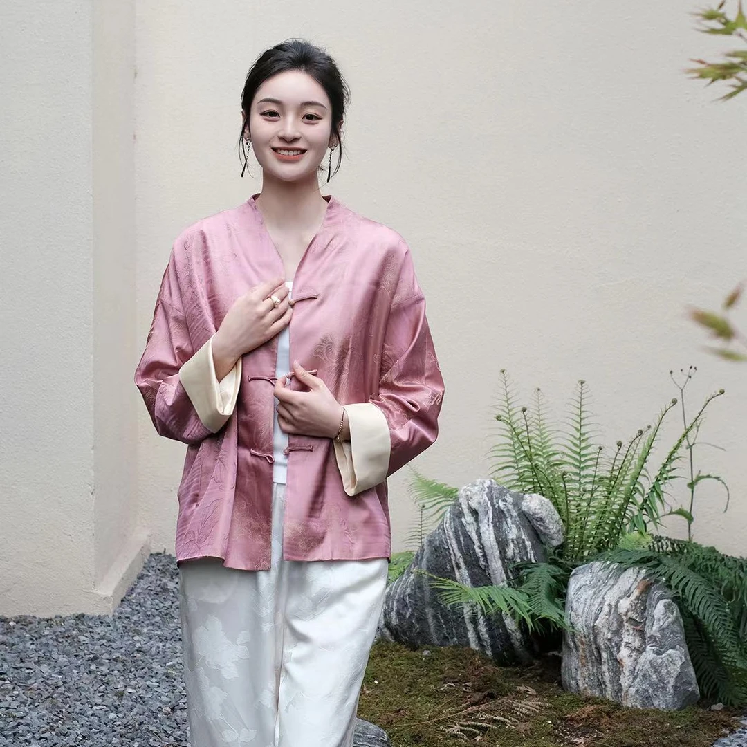 盛唐婧提花折枝牡丹外套-粉色（不支持七天无理由）