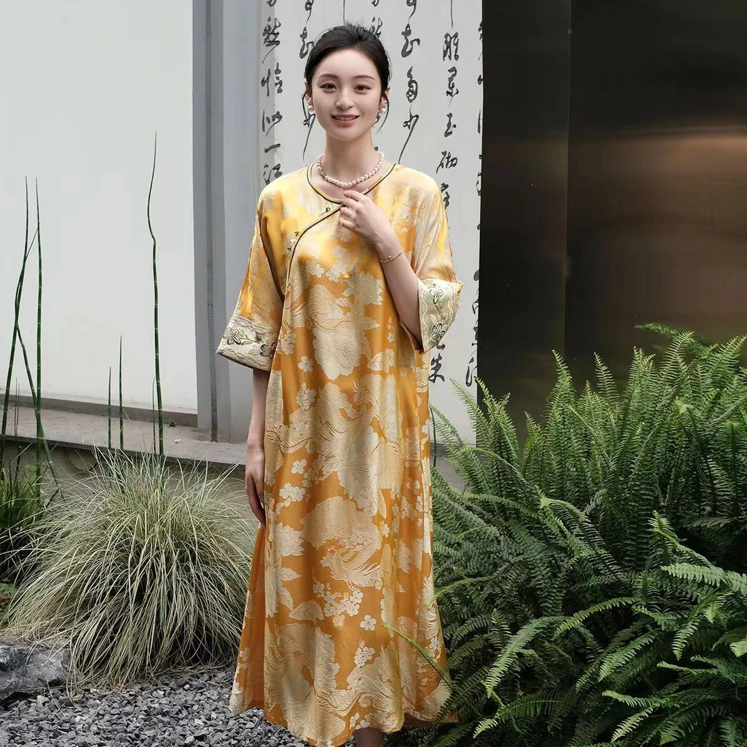 盛唐婧提花真丝缎国色天香连衣裙新款时尚洋气百搭女装小众炸街高