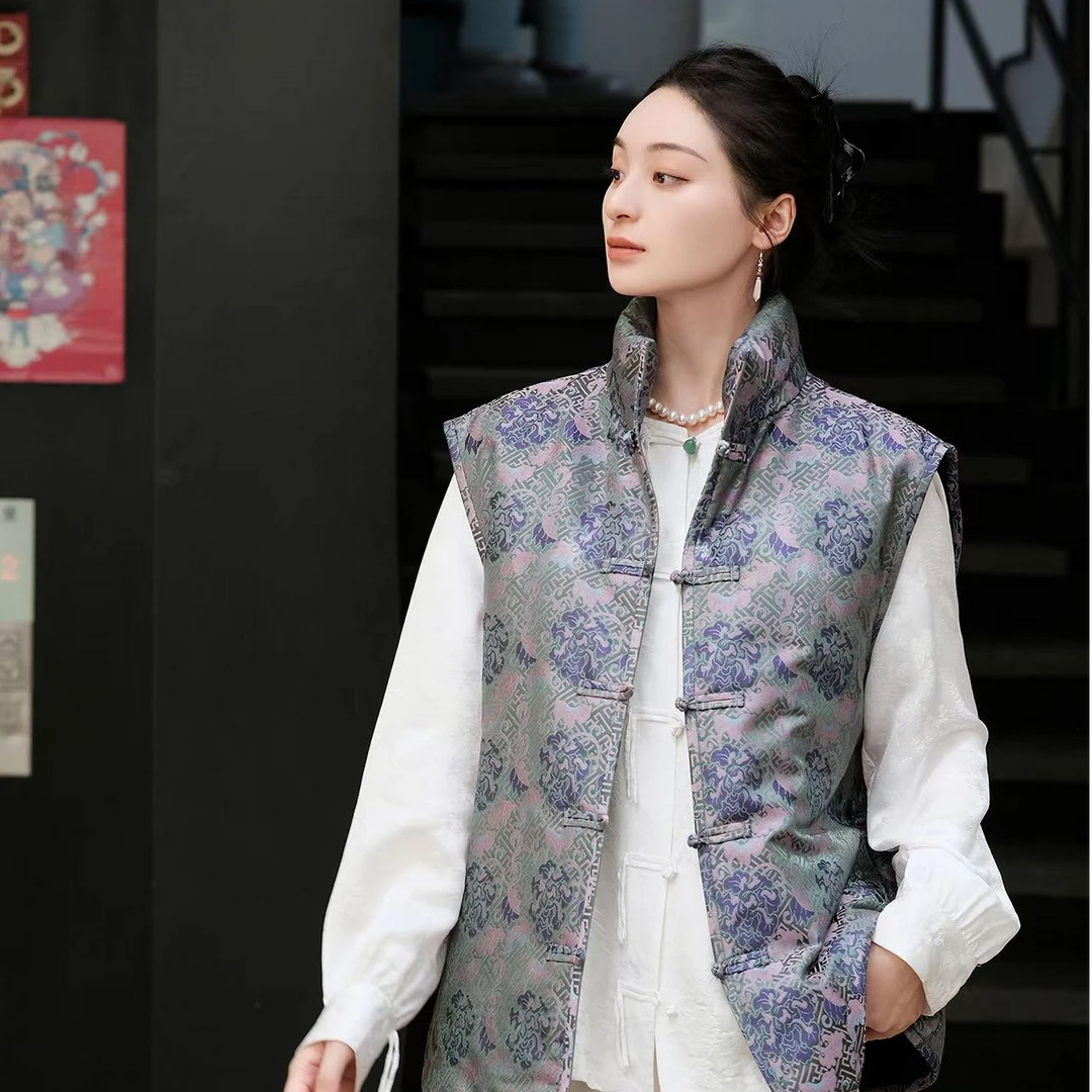 盛唐牡丹万寿无疆牡丹纹宋锦棉马甲新款时尚真丝宋锦国风马甲