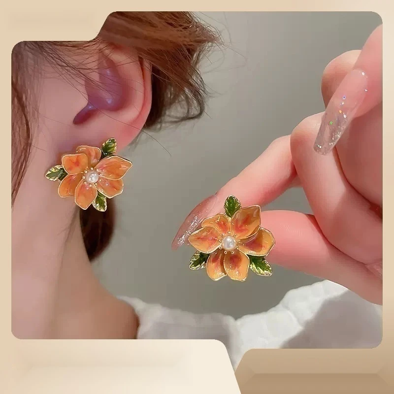 合金耳饰 滴油珠珠花朵叶子耳环法式百搭优雅甜美耳钉个性气质