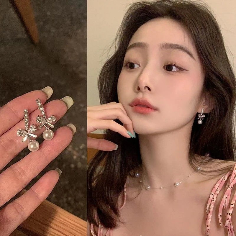 合金耳饰 蝴蝶结珠珠耳环小众设计感高级耳饰女气质轻奢精致超仙